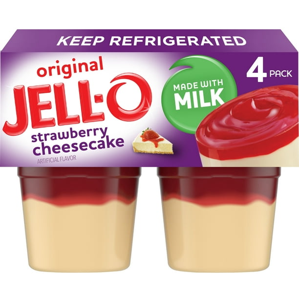 JellO Original Strawberry Cheesecake Pudding Cups Snack, 4 ct Cups