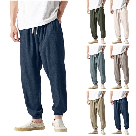 Havenre Baggy Linen Sweatpants for Men Lightweight Casual Fashion Drawstring Elastic Waist Solid Clinch Bottom Pants Loose Fit Basic Athletic Joggers with Pockets Light Blue L