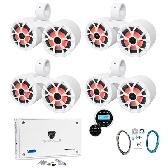 4) Rockville Dual 6.5" Marine Wakeboard LED Speakers Receiver Amplifier Amp Kit