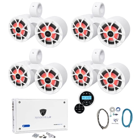 4) Rockville Dual 6.5 Marine Wakeboard LED Speakers+Receiver+Amplifier+Amp Kit