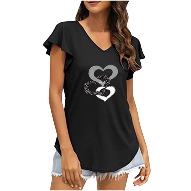 Moda mujer Casual volantes manga corta Irregular cuello en V impreso Tops blusa camisetas Pompotops hkajfhjk470403