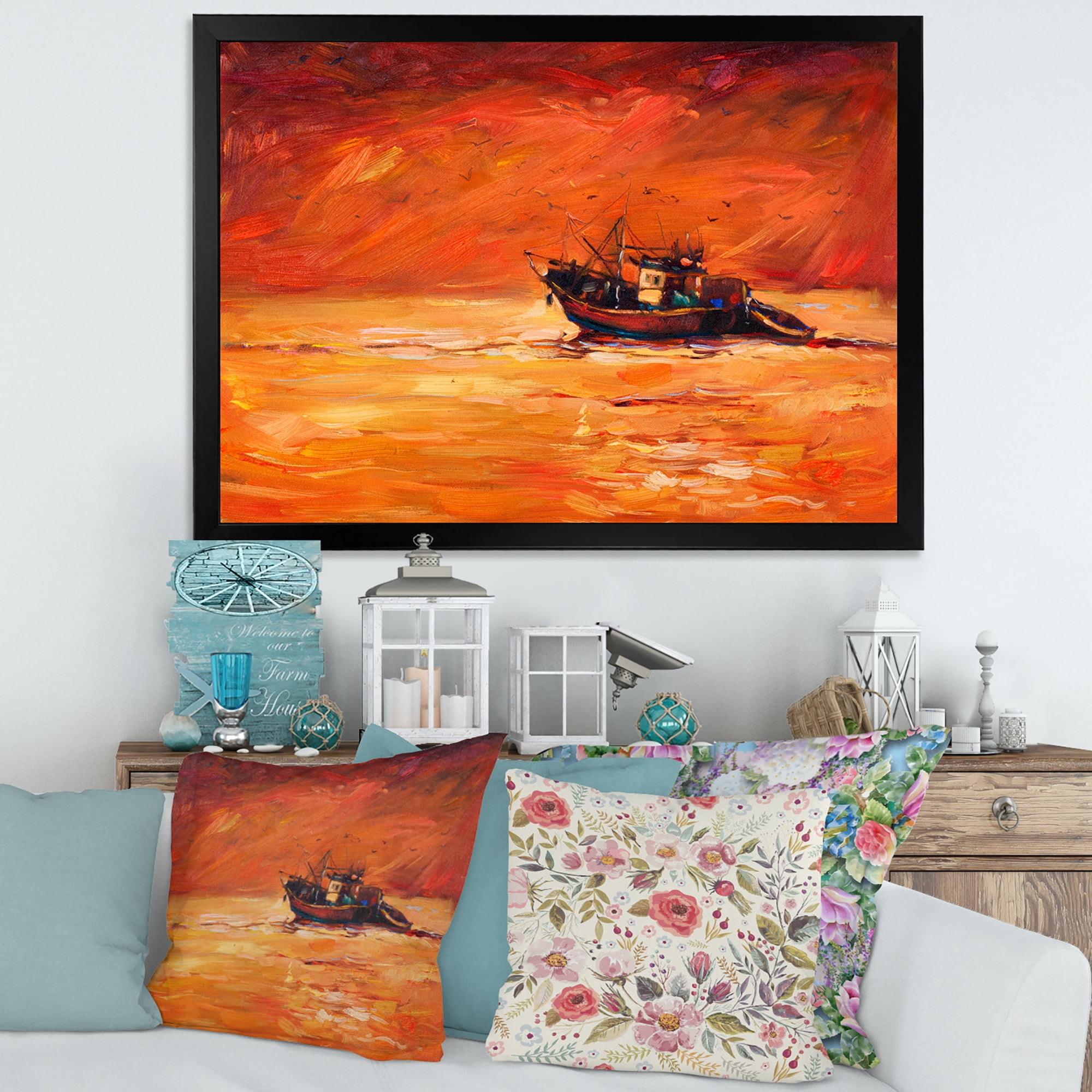 Fishing Boat During Red Evening Glow 32 in x 24 in Framed Painting Canvas Art Print, by Designart