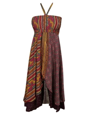 Mogul Just One Look Recycled Silk Sari Vintage Two Layer Bohemian Style Printed Evening Boho Chic Summer Halter Dress