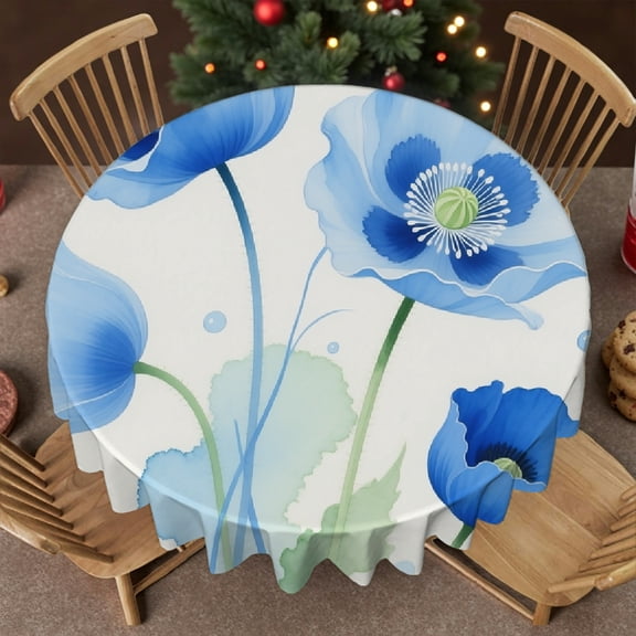 tablecloths for round tables - Light Blue Gold Floral Print, Polyester Tablecloths Kitchen Accessories Family Round Tablecloth, Cafe, picnic,60x60 Inch