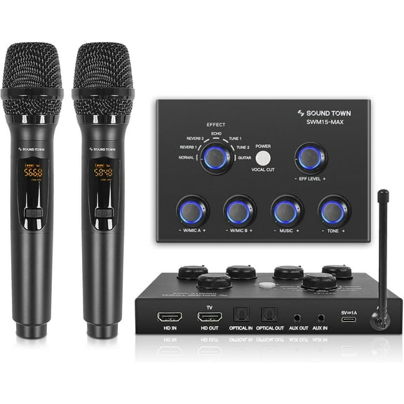 Sound Town 16 Channels Wireless Microphone Karaoke Mixer System w/ 2 Wireless Mics, HD ARC, Optical (Toslink), AUX, Supports Smart TV, Media Box, PC, Bluetooth, Soundbar, Receiver (SWM15-MAX)