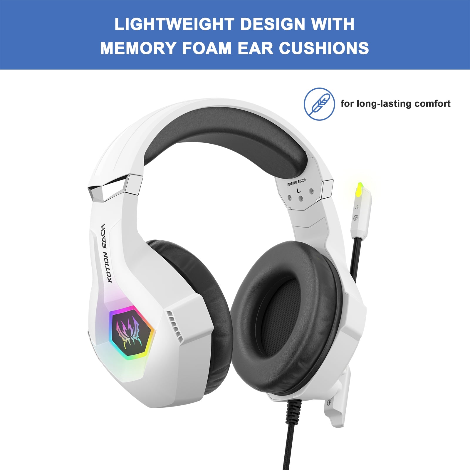 Wired Gaming Headsets for PS4 PS5 Switch Xbox One PC with 3.5MM,RGB Light, Noise Canceling Mic,Surround Sound,Over Ear Muffs Gaming Headphones,White