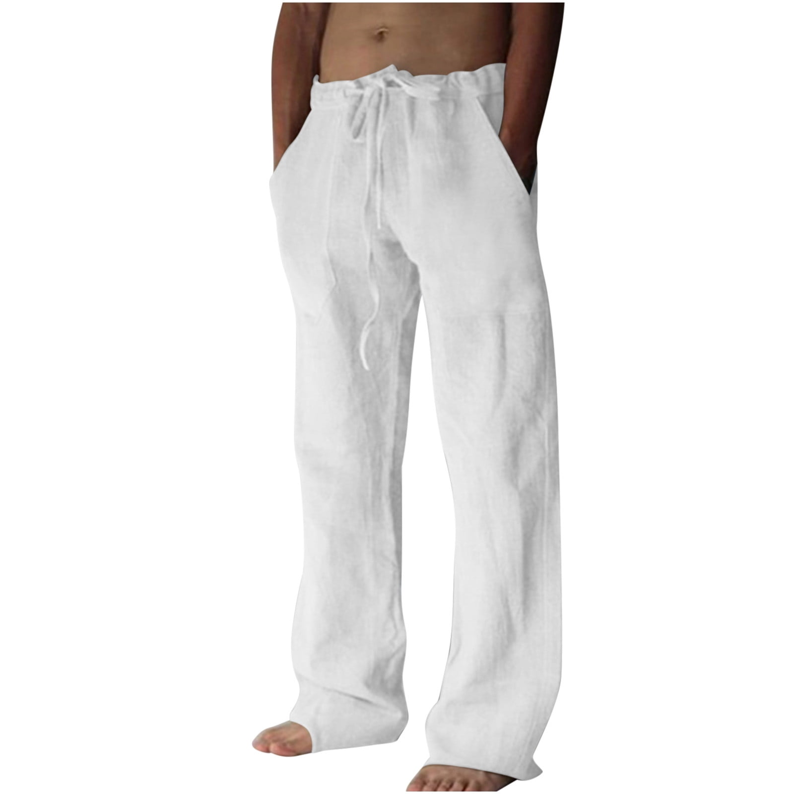 Yzhm Men s Comfy Cotton Linen Pants Drawstring Elastic Waist Lightweight Beach Pants Comfortable Soft Casual Trousers White