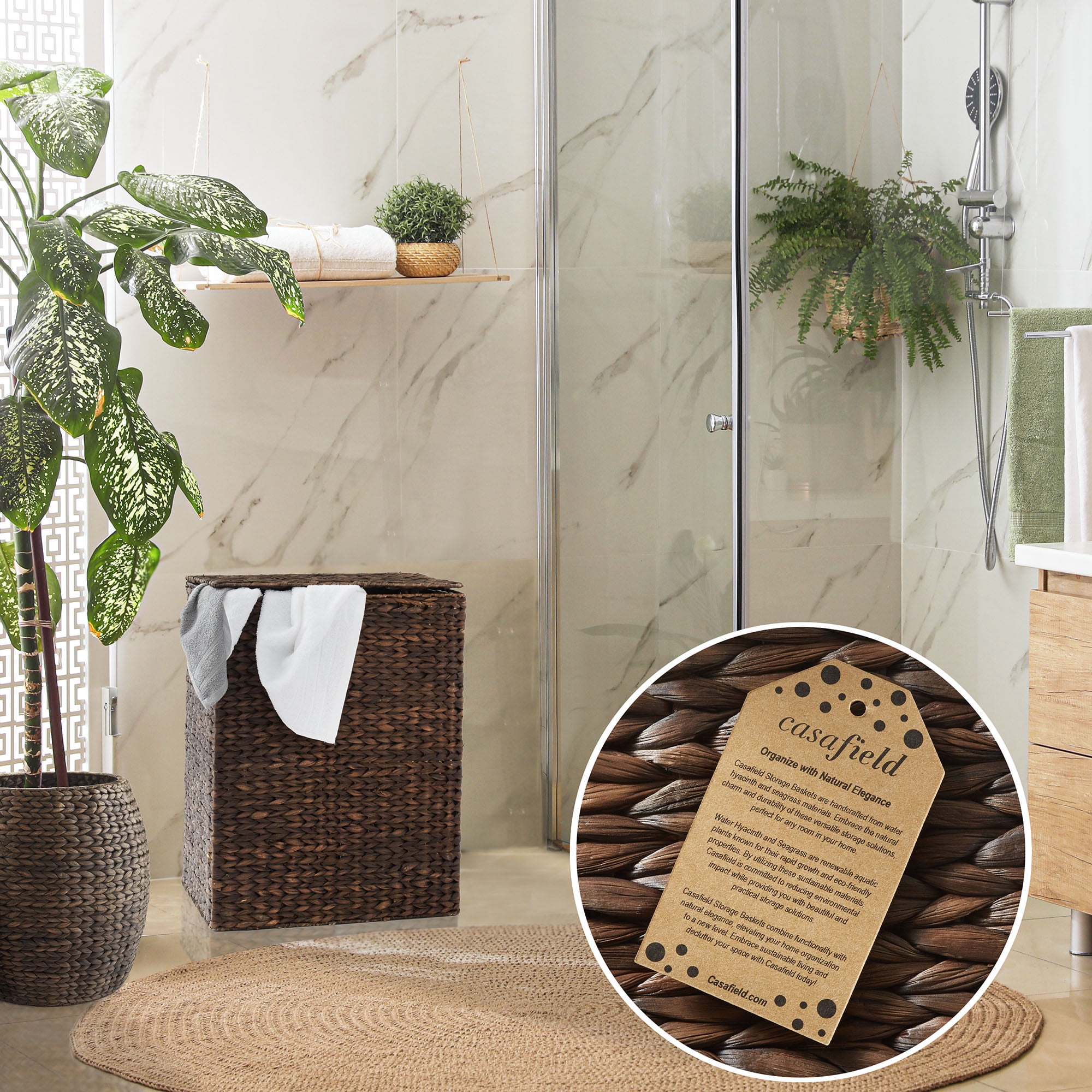 Casafield Large Laundry Hamper with Lid and Removable Liner Bag - Espresso Dark Brown, Woven Water Hyacinth Laundry Basket for Clothes