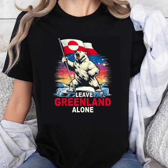 100% Cotton Leave Greenland Alone Polar Bear With Flag Design T-Shirt