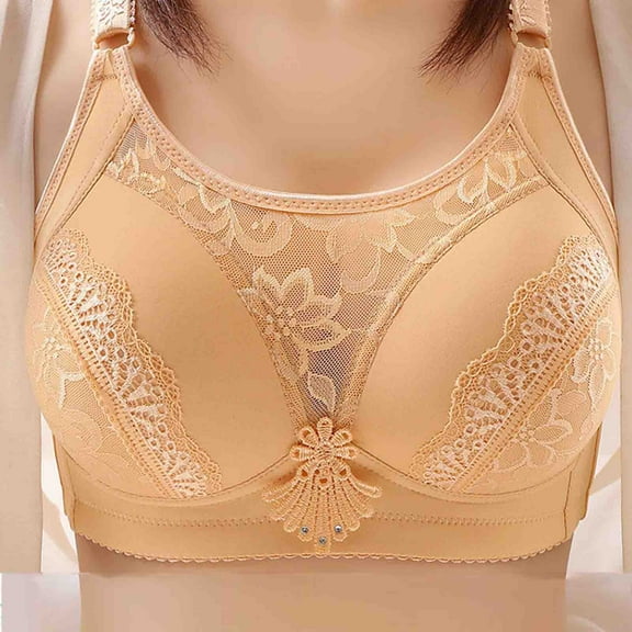 Bigersell Bras for Large Breasts Women Full-Coverage Wireless Bras Comfortable Lace Mesh V-Neck Ladies Push up Padded Bras No Underwire Hook and Eye Bra Closure Wire-Free Bras Beige M