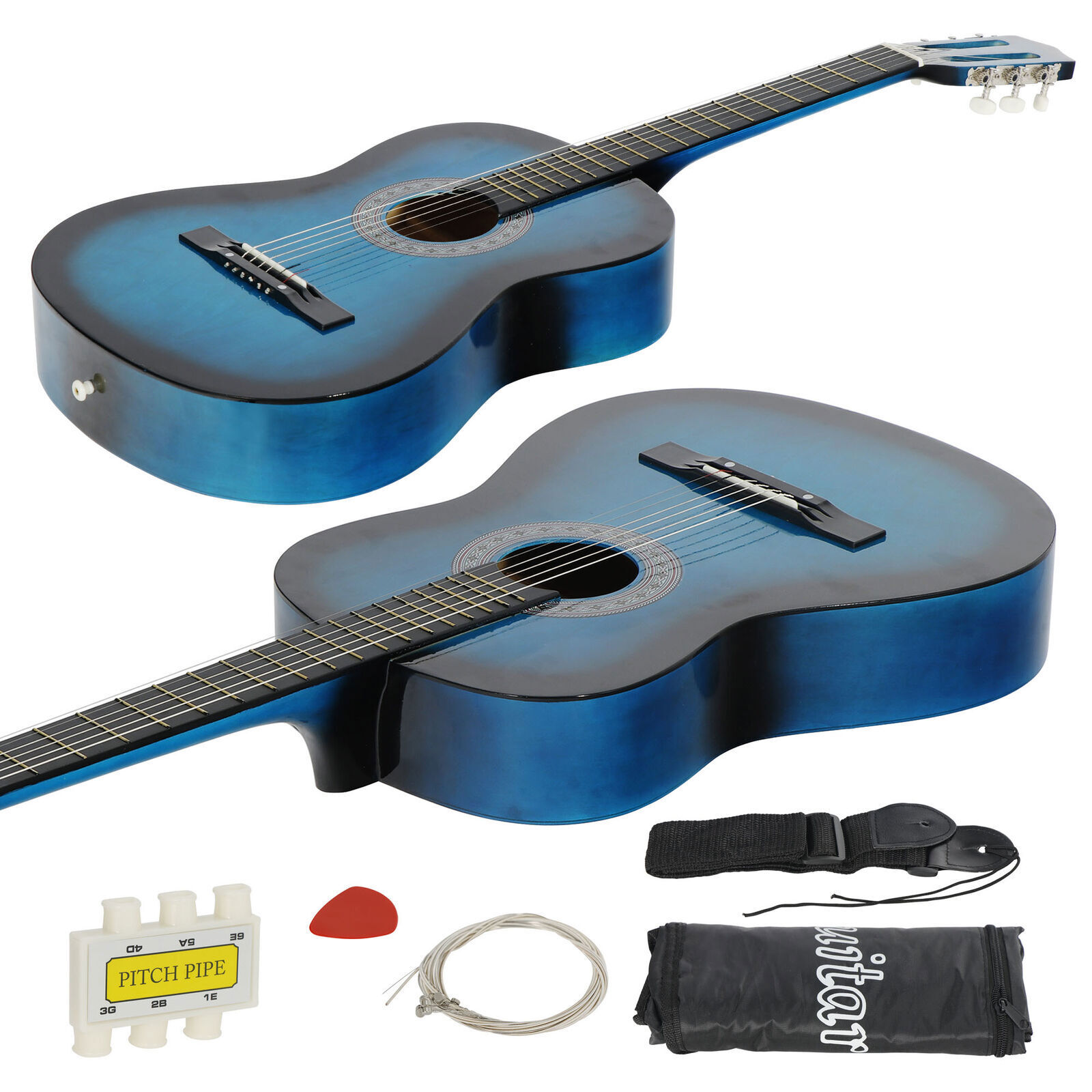 HarmonyStrings 38" Acoustic Guitar Bundle with Gig Bag Strap Pitch Pipe Extra Strings Set Pick 6 String for Beginners Starter Kids Girls Youths Students Right-handed 38 inches Blue