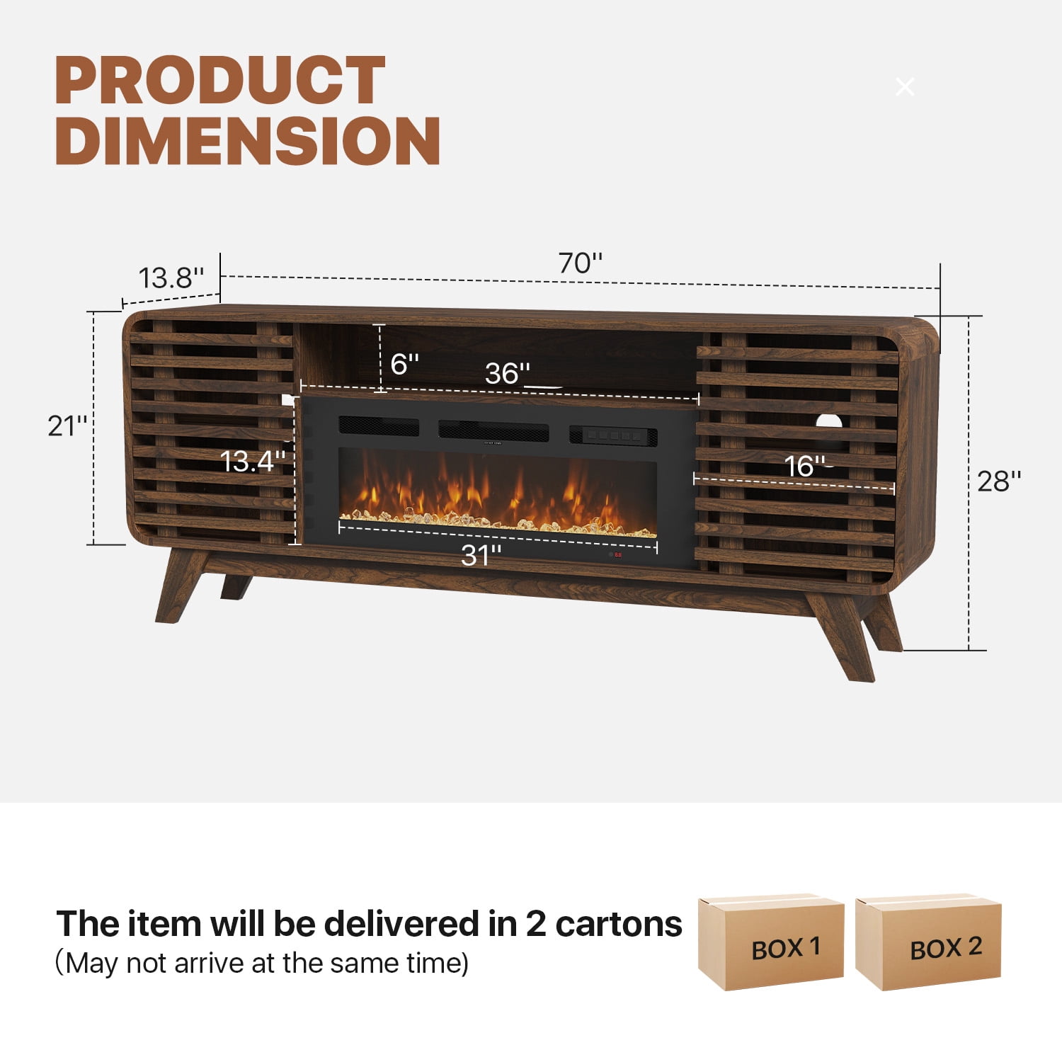 Sonegra Fireplace TV Stand with 36" Electric Fireplace, Mid Century Modern Entertainment Center with Led Lights for 80" TVs , Wood Media Console with Slatted Sliding Doors for Living Room, Brown