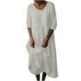 thumbnail image 2 of Robe Ample Décontractée d'Été pour Femme à Col Rond, Manches Mi-Longues, en Lin, avec Poches, Unie, 2 of 5