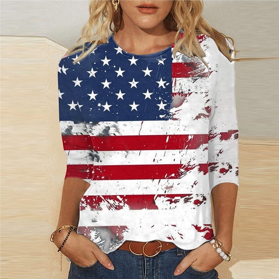 Cavosen American Flag Tops for Women Petite Patriotic 3/4 Sleeve Crewneck Shirts American Flag Print Shirts Lady XL Independence Day Casual Tops Funny 4th of July Tunic Tees 2025 Patriotic Blouses