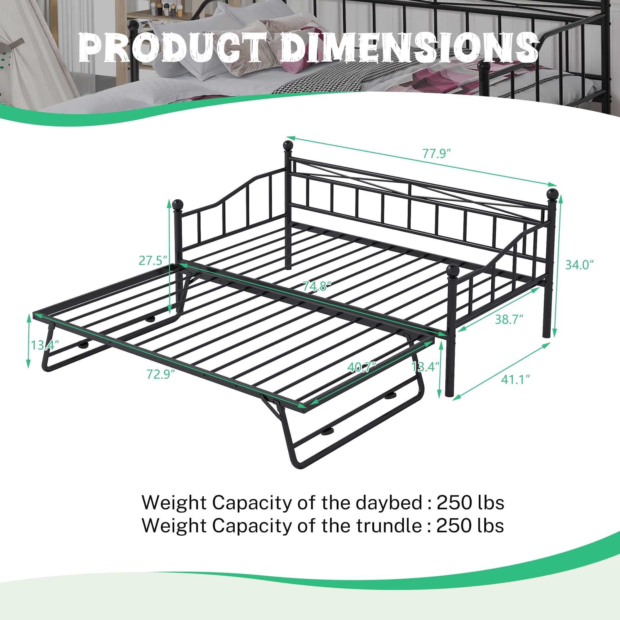 PAPROOS Daybed with Trundle Included, Twin Size Metal Daybed Frame with Pull out Trundle Bed, No Box Spring Needed, Black