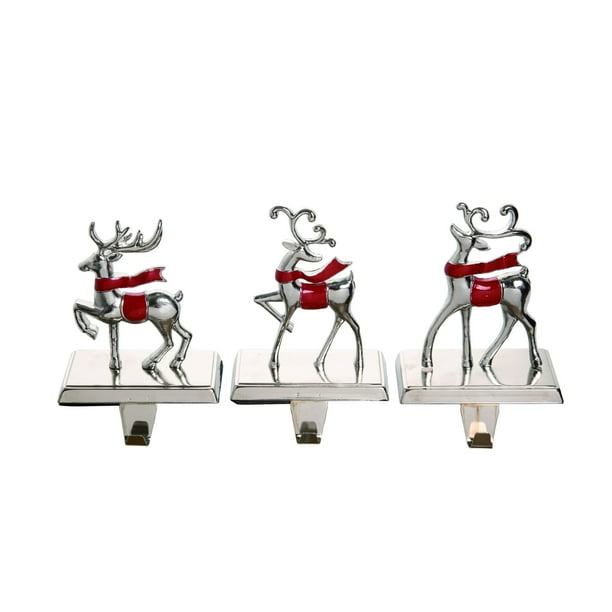 Set of 3 Silver and Red Christmas Scarf Reindeer Stocking Holders 6"