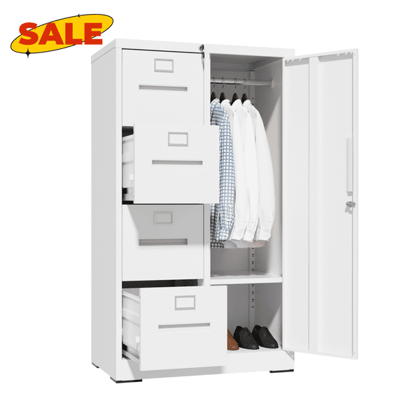 Hassch 4 Drawer File Cabinet with Lock and Door, Metal Filing Cabinet with Hanging Rod for Home Office, Easy Assembly, White