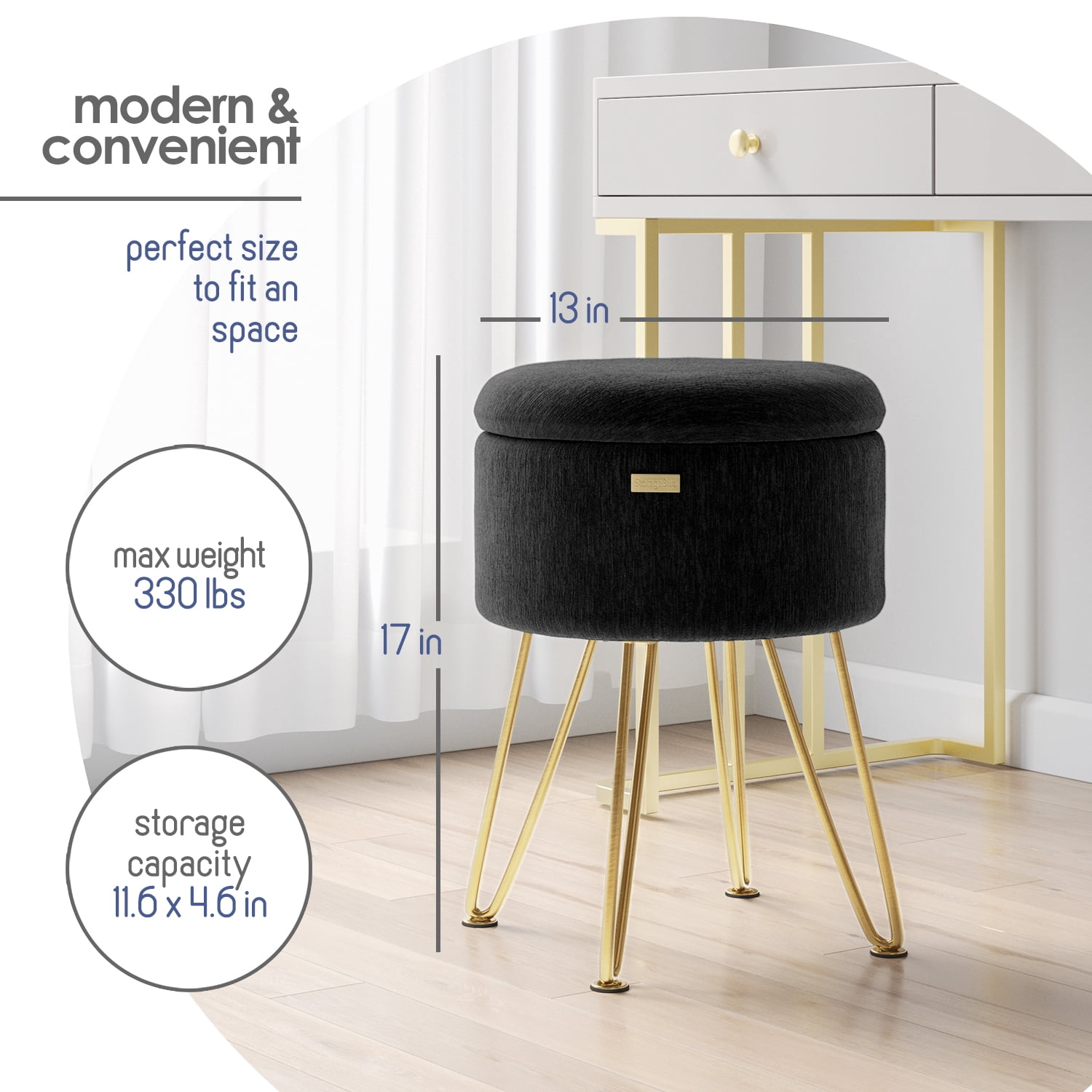 Hearth & Harbor Round Ottoman with Storage, Luxurious Foot Stool and Chic Vanity Stool with Storage, Elegant Textured Velvet Black