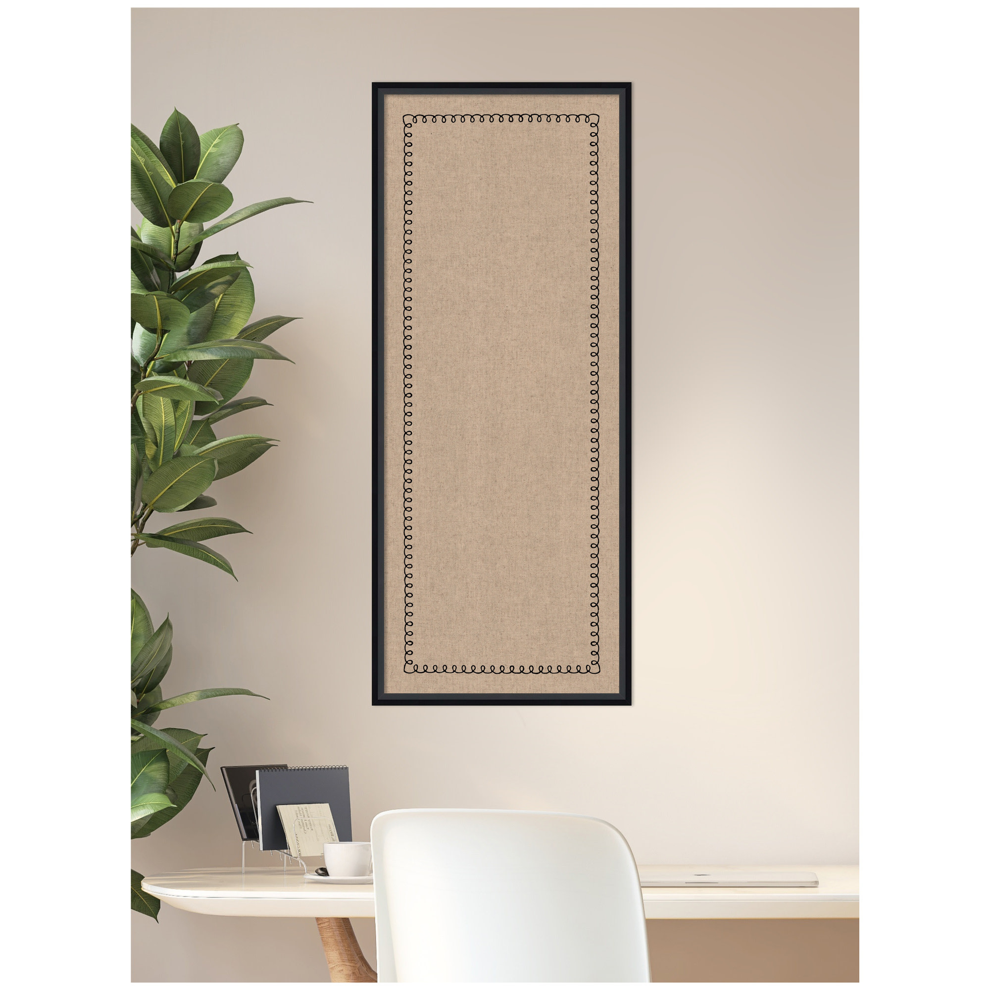 Kate and Laurel Framed Fabric Pinboard 17 x 41, Black Scalloped Edge Printed Linen Modern Bulletin Board for Use as a Vision Board or Wall Organization, Lucie Black Frame