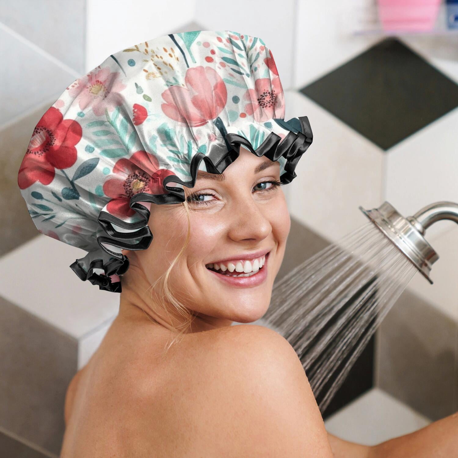 Shower Caps,Pioneer Flower Floral Print Pattern Waterproof Shower Cap for Women 4 Pieces,Double Reusable Hair Cover for Shower PEVA Elastic Stretch Hem