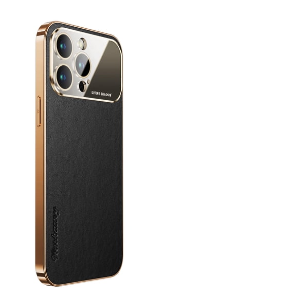 ELEHOLD Compatible with iPhone 13 Pro Max Ultra Slim Leather Back Case, Skin-feel Fashion Leather Backplane Shockproof Dropproof Case Plating Big Window Glass Case Cover With Lens Protector,Black
