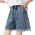 thumbnail image 3 of QIUOMBBP Girl's Loose Wide Leg Short Jeans Elastic Waist Solid Color Denim Shorts Summer Comfy Shorts Trousers Blue 6-7Years, 3 of 10