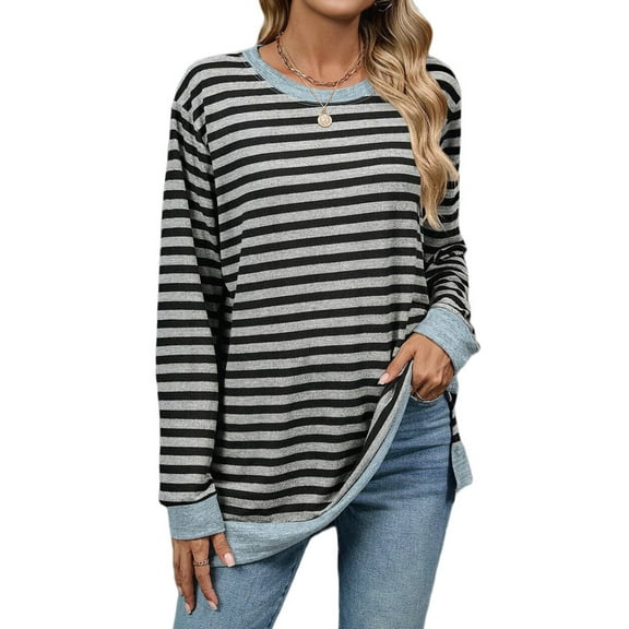 Womens Casual Striped Long Sleeve Shirt Trendy Crew Neck Slim Loose Fit Basic Blouses Tops Light Gray Black S