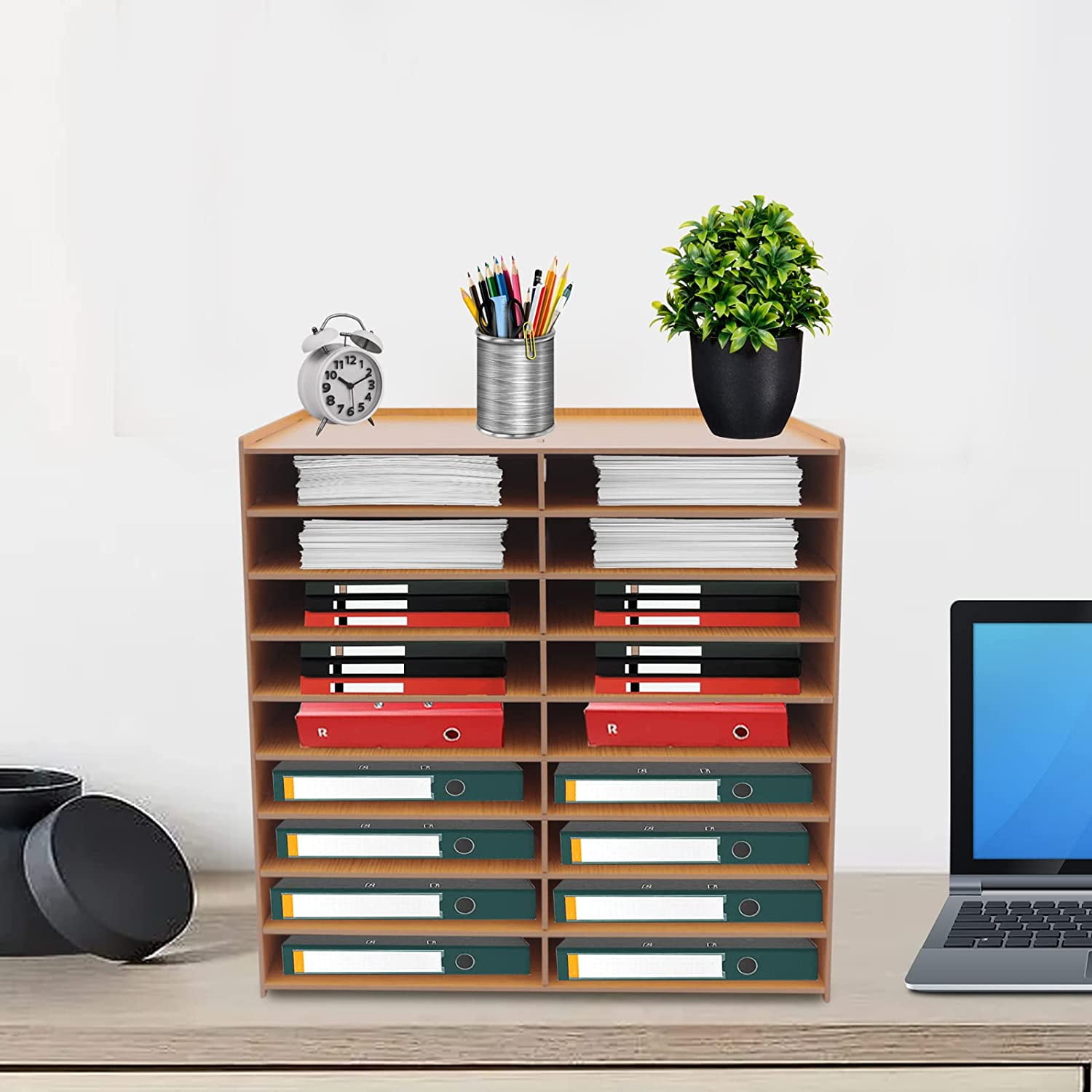 Miumaeov Office Desk Desktop Organizers, 9-Tier Golden Oak Accessories Letter Tray Paper Holder File Document Rack Shelf Literature Bill Organizer Rack