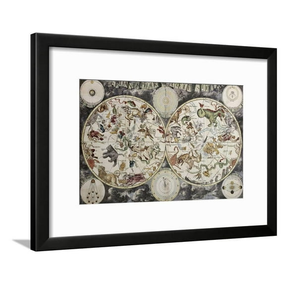 Old Sky Map Depicting Boreal And Austral Hemispheres With Constellations And Zodiac Signs, Religion Framed Art Print Wall Art by marzolino Sold by Art.Com