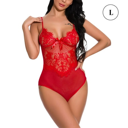 

Dido Women Sexy Bodysuit Lingerie Lace Underwear Perspective Sleepwear Red L
