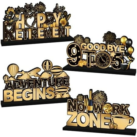 4Pcs Retirement Party Decorations Table Wooden Centerpiece Black and Gold Themed Happy Retirement Table Decorations Photo Prop for Goodbye Party Tiered Tray Decor