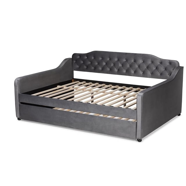 Baxton Studio Freda Gray Velvet Button Tufted Full Size Wood Daybed with Trundle