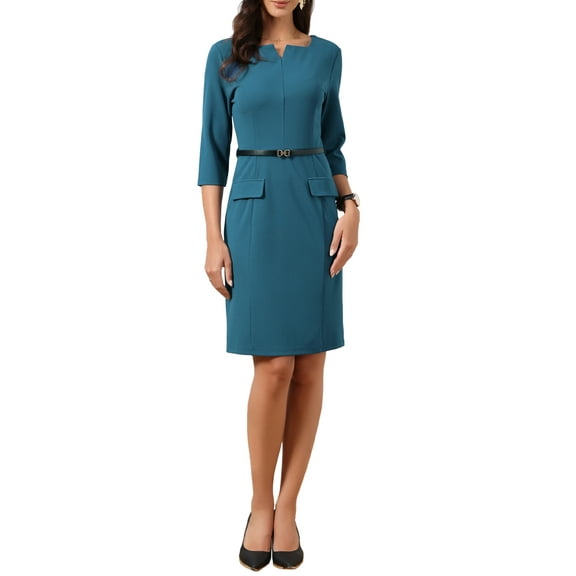 INSPIRE CHIC Work Dress for Women's 3/4 Sleeve V Neck Casual Business Office Bodycon Sheath Dresses with Belt XS Blue