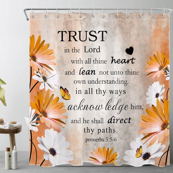 HVEST Rustic Farmhouse Floral Shower Curtain, Orange Flower and Bible Verse Shower Curtain - Vintage Butterfly Bathroom Decor, Waterproof Polyester Fabric, Includes 12 Hooks, 72x72 Inches