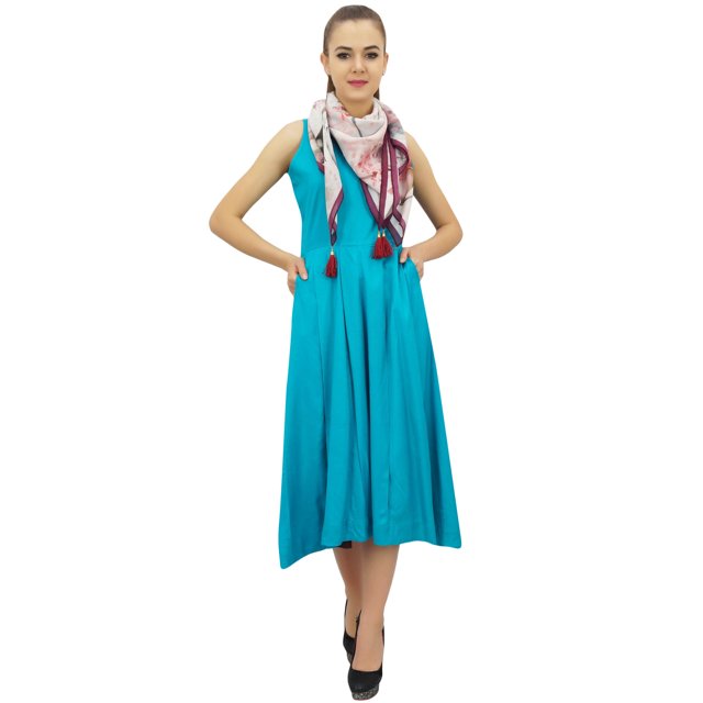 Bimba Women's Designer Rayon Dress With Pockets Solid Aqua Maxi With Scarf - 14