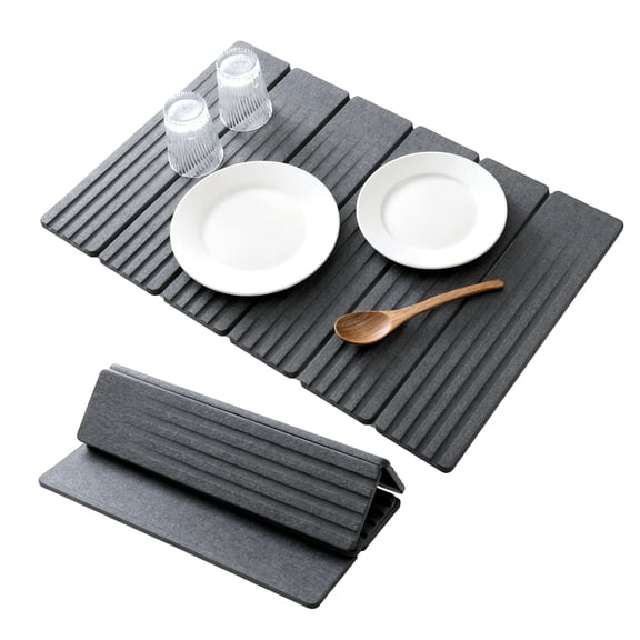 Foldable Diatomaceous Earth Dish Drying Mat, 24 x 16 inch Absorbent Kitchen Counter Drying Pad with Non-Slip Base, Fast Dry Stone Dish Rack Mat for Dishes, Cups, Bottles, Dark Gray