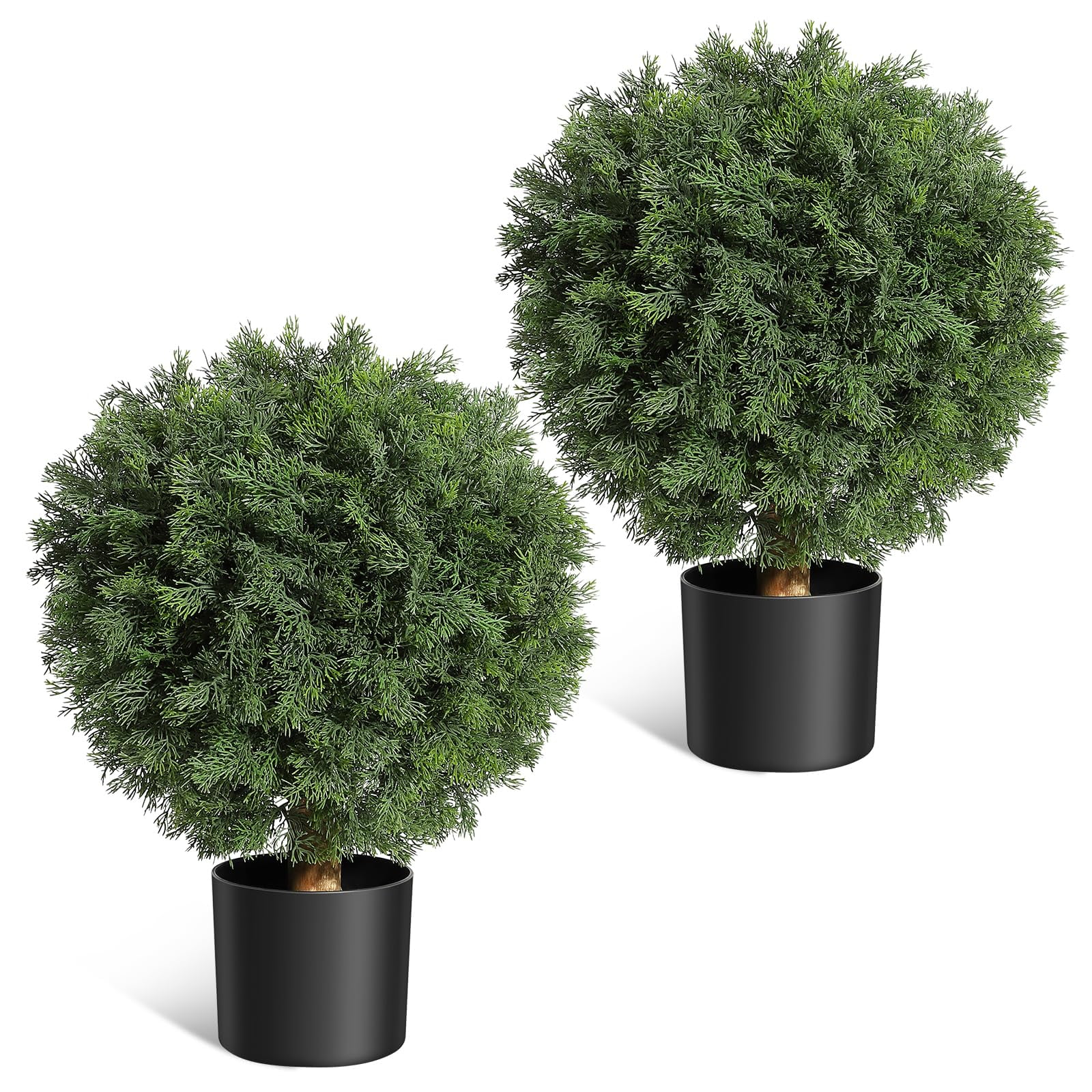Artificial Topiary Cedar Ball Tree 2pcs，17 in UV Resistant Fake Potted Plants In Black Nursery Pot,Artificial Trees for Porch Home Decor Housewarming