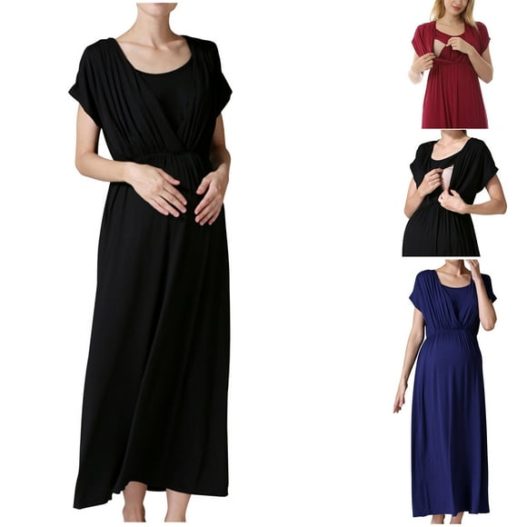 Jinhomg Women's Short Sleeve Nursing Dresses Dressy Casual Solid Maxi Pregnancy Dress Lightweight Cozy Maternity Dresses Daily Wear Lightning Deals Blue XL