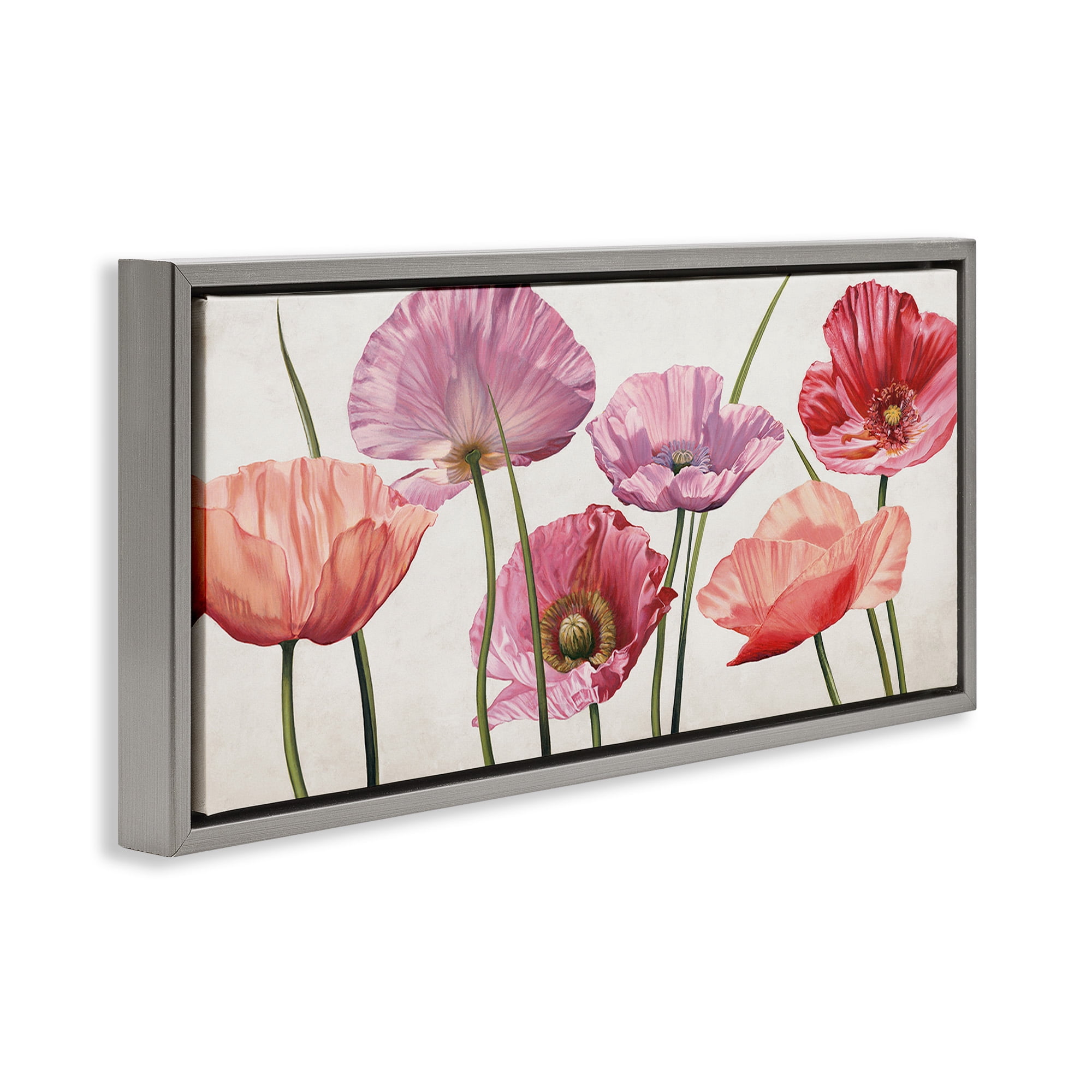 Stupell Industries Mixed Poppies with Vivid Petals Botanical & Floral Painting Gray Floater Framed Canvas Art Print Wall Art, 31 x 14