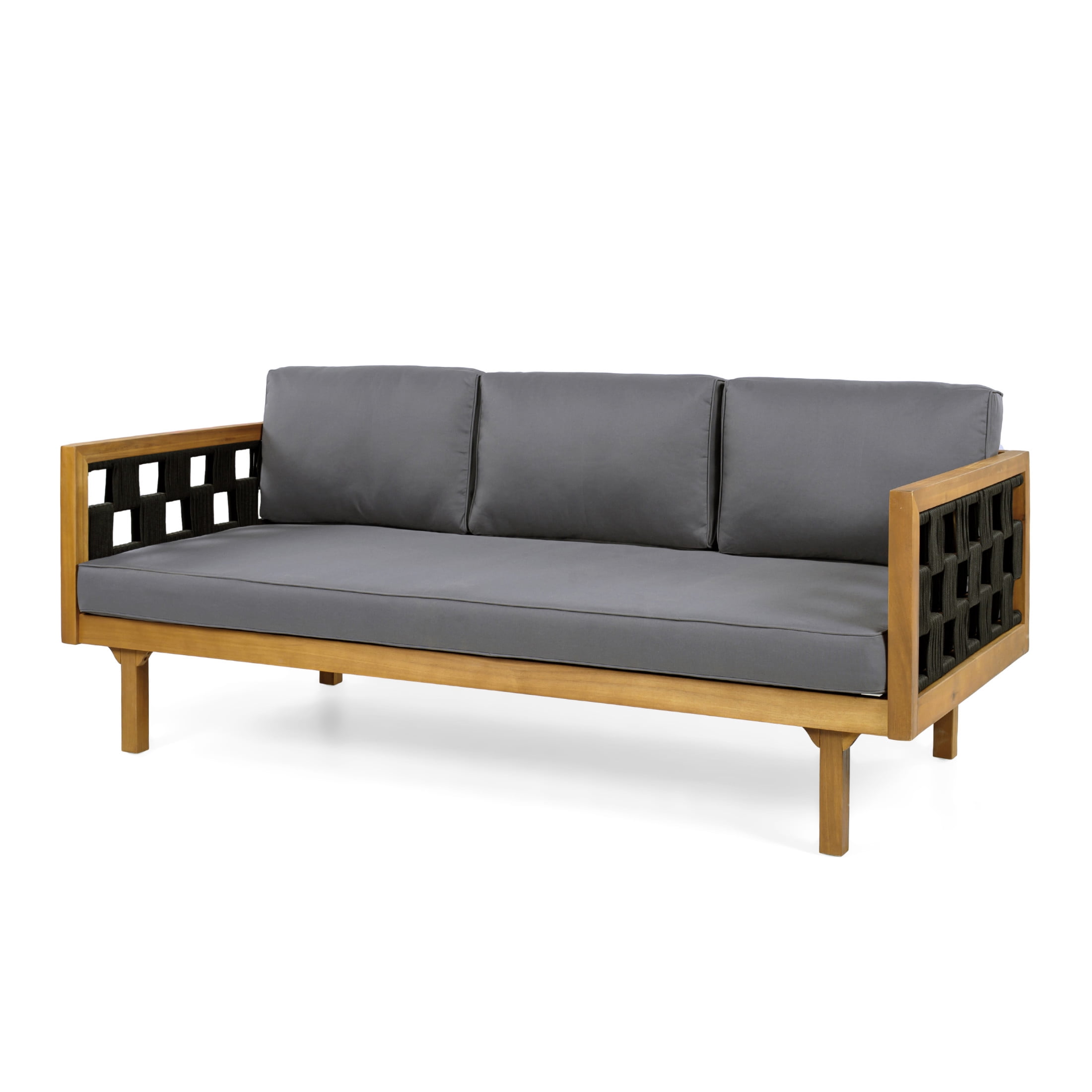 Christopher Knight Home Acacia Wood Outdoor 3 Seater Daybed with Teak Coffee Table, Dark Gray Cushion+Black Rope