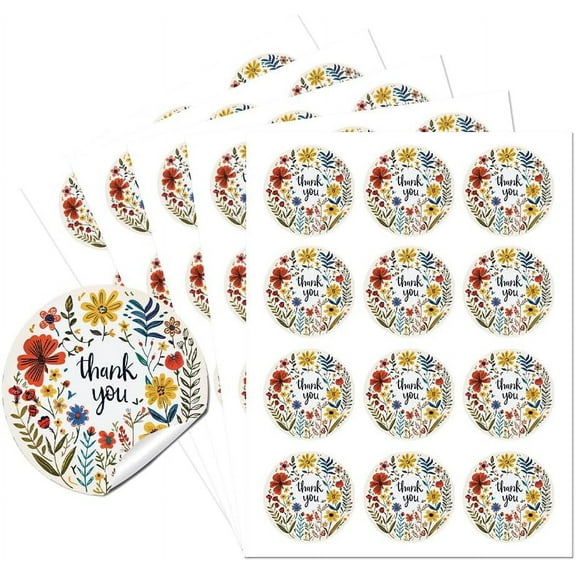 1.97 Inch Round Wildflower Thank You Sticker Labels 60Pcs Self-Adhesive Vintage Floral Party Circle Stickers Wildflower Stickers for Wedding Christmas Party Gift Favors Envelope Seals