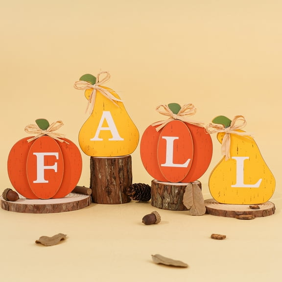YIBAGA Fall Pumpkin Decor 4 Pcs Thanksgiving Decor Rustic Farmhouse Sign Table Centerpieces Wooden Standing Tiered Tray