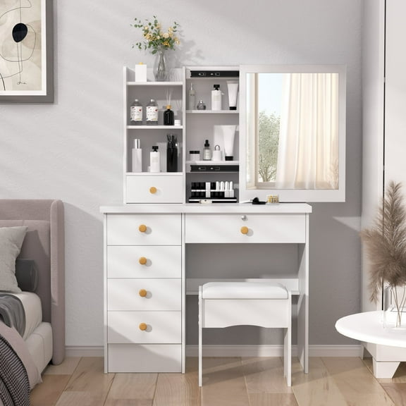 Vanity Desk with Sliding Mirror 6-Drawer, Makeup Dressing Table with Hidden Storage, Open Shelves, Modern Bedroom Furniture
