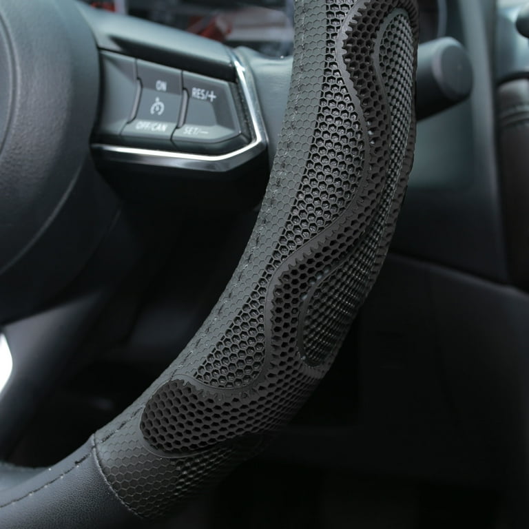 FH Group Leather Steering Wheel Cover with Silicone Anti Slip Grip with Bonus Air Freshener Black