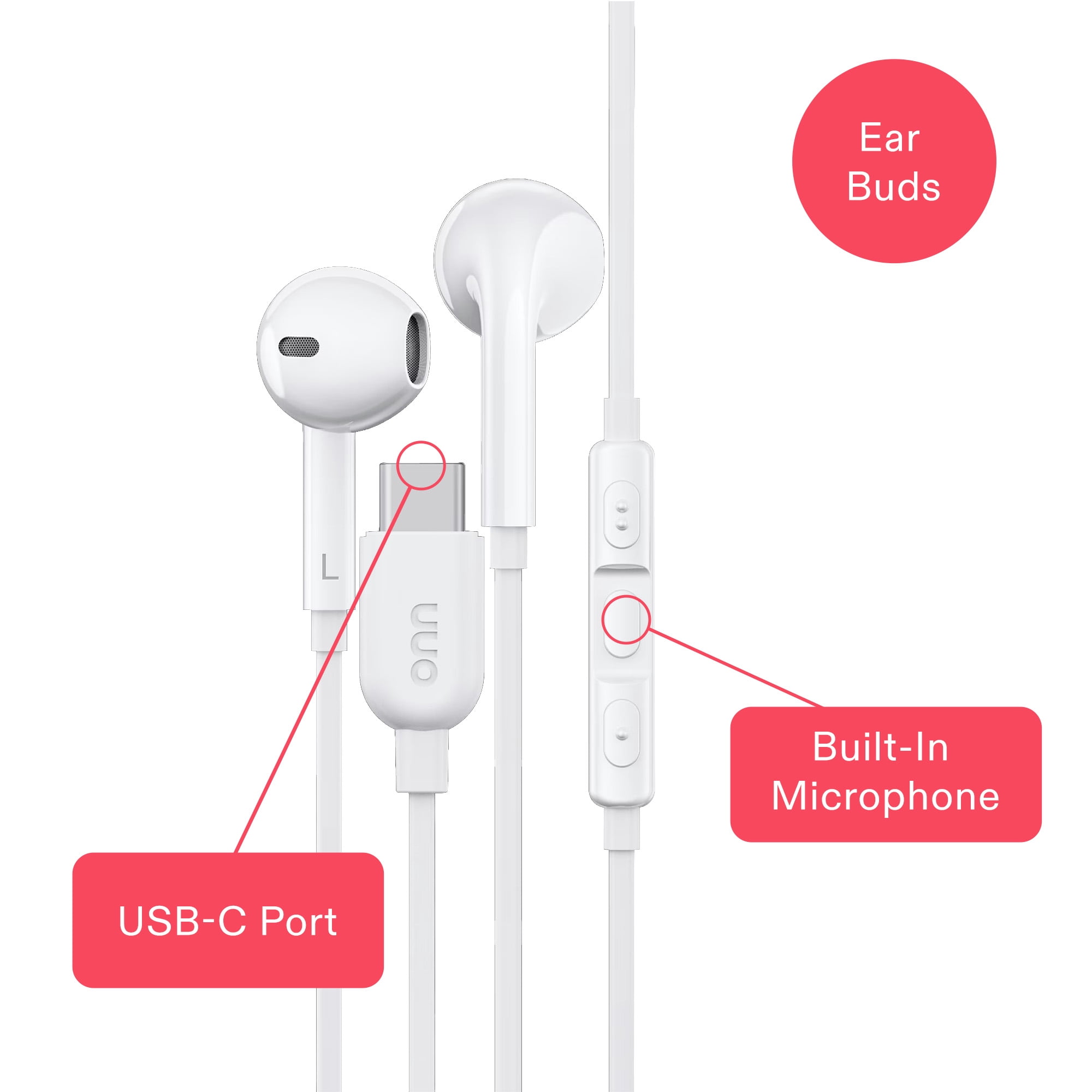 onn Earbuds with USB-C Connector, White