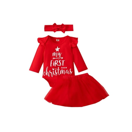 

Kiapeise Baby Girl Christmas Outfit My First Christmas Long Sleeve Romper Tutu Skirt with Headband