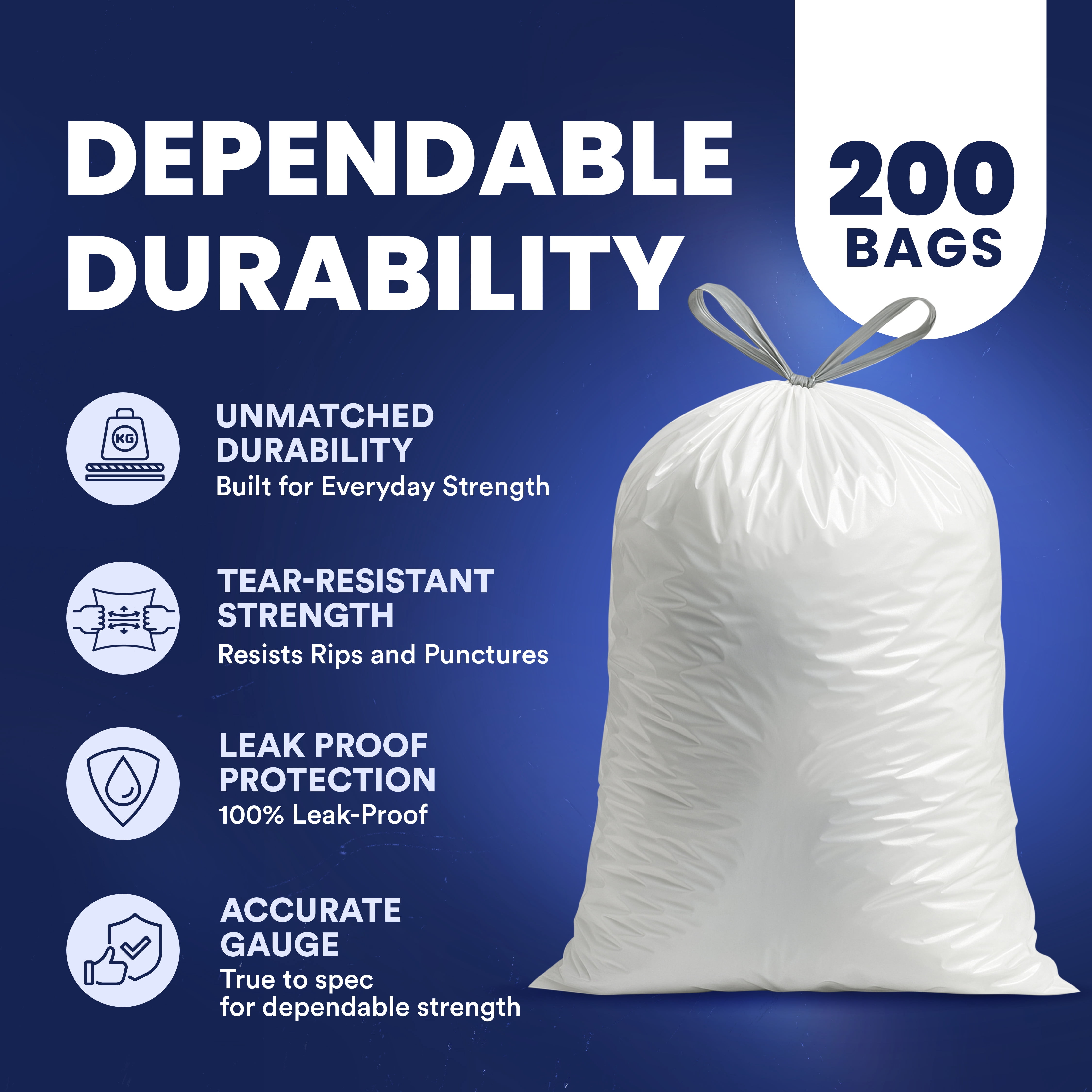 Plasticplace 8 Gallon Trash Bags -White Drawstring Garbage Can Liners - 200 Count - Leak-Resistant and Tear-Proof for Kitchen, Bathroom, Office, and Small Trash Cans 0.7 Mil