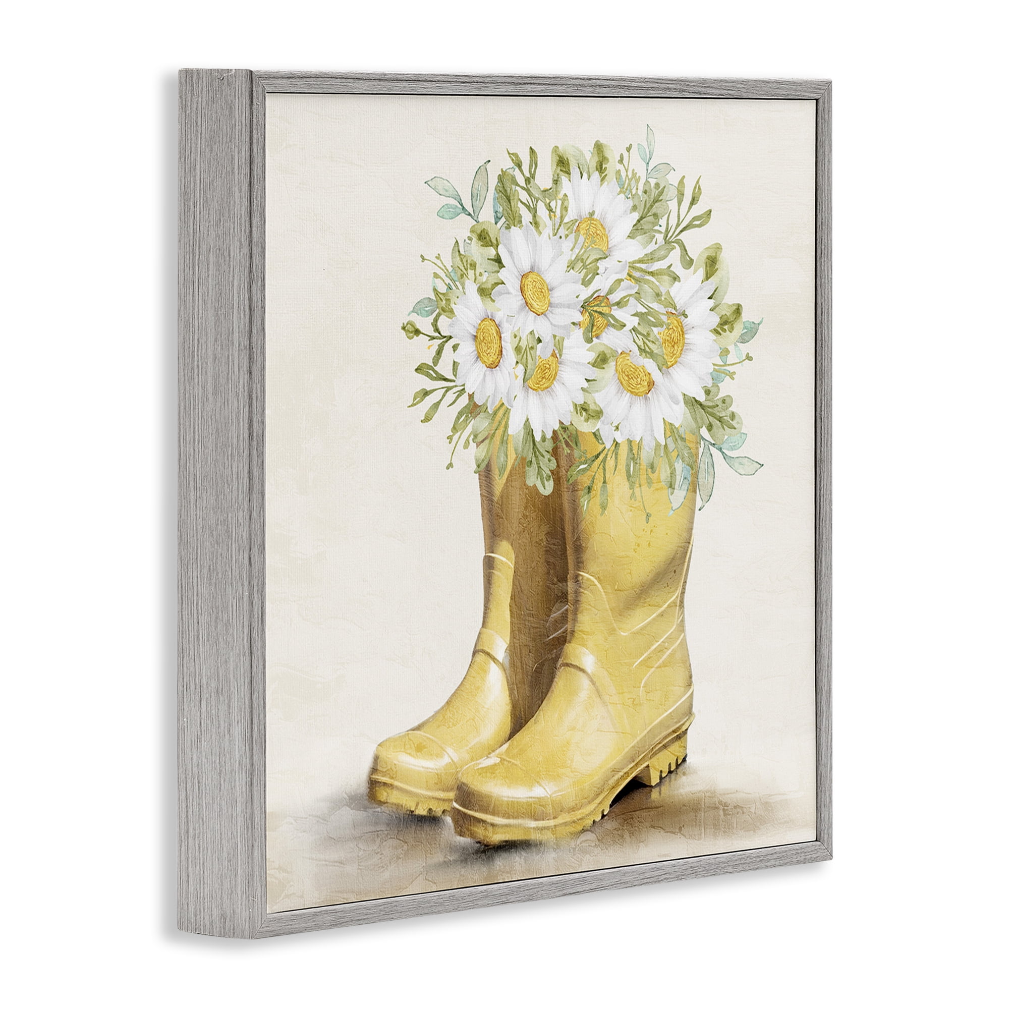 Stupell Industries Sunny Daisy Boots Botanical & Floral Painting Gray Framed Art Print Wall Art, 24 x 24