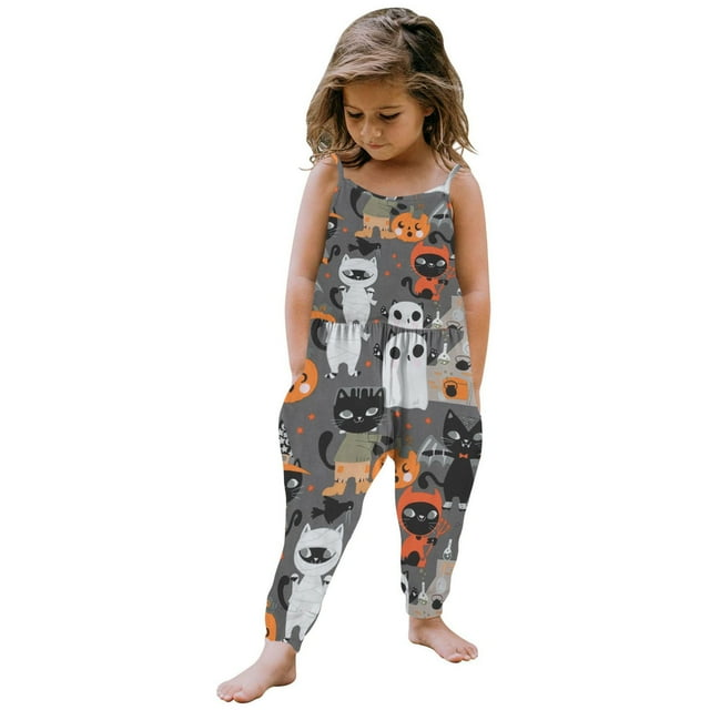 EGNMCR Rompers for Kids Toddler Baby Girl Jumpsuits Summer Printing Strap Romper Pants With Pockets Kid Rompers