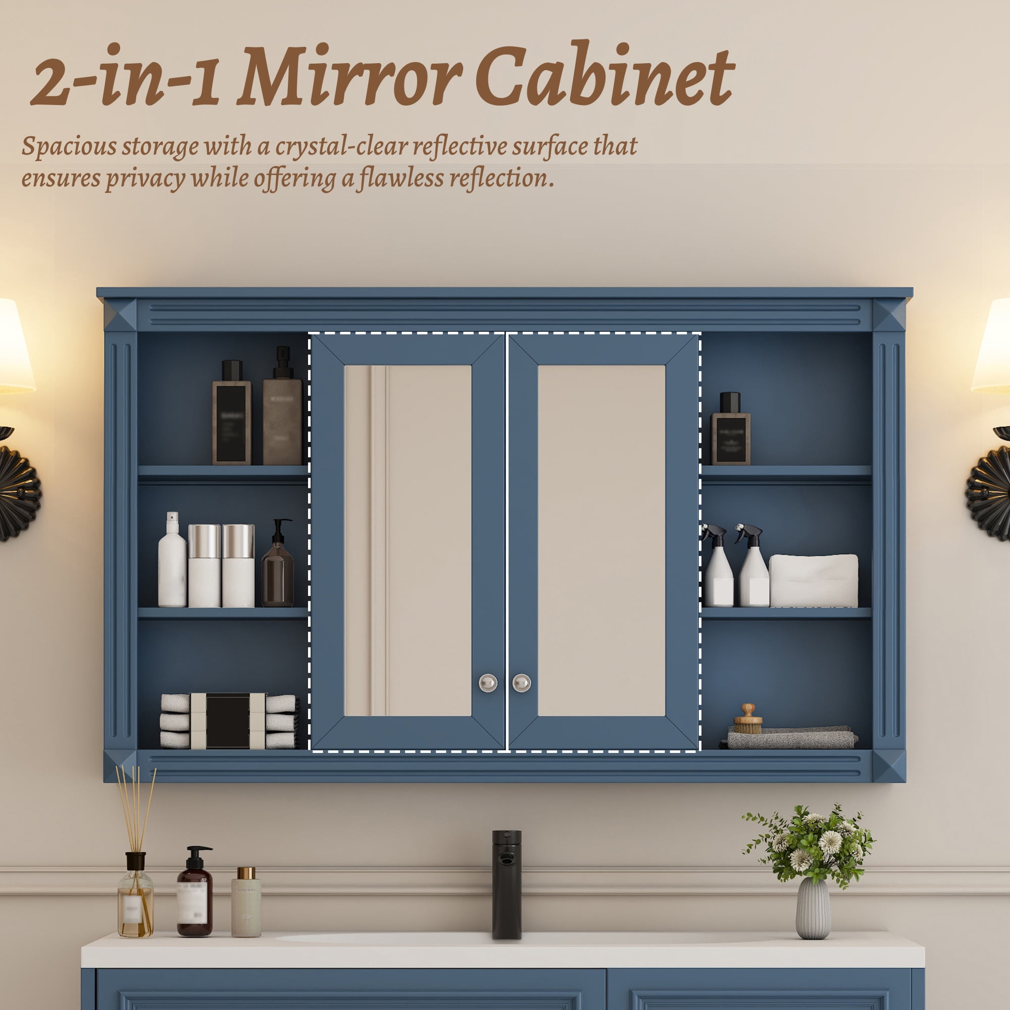 Euroco 47 Inch Bathroom Mirror Cabinet with Storage, Adjustable Shelf and Open Shelves, Wall Mounted Medicine Cabinet for Bathroom, Bedroom, Vanity